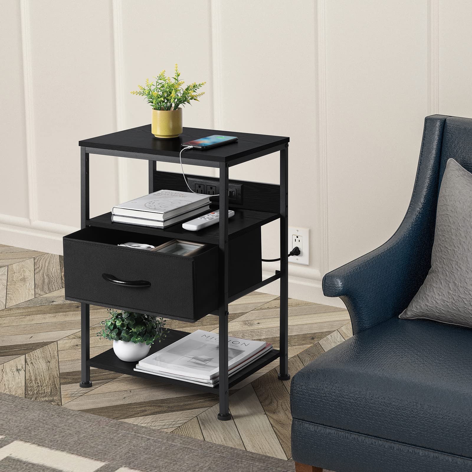Bedside Table Black Nightstand with Charging Station Side Table