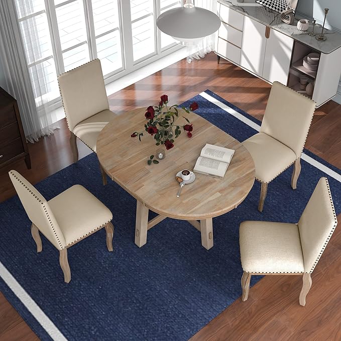 Dining Table Set, Wood Round Dining Table Set with Extendable Table and 4 Upholstered