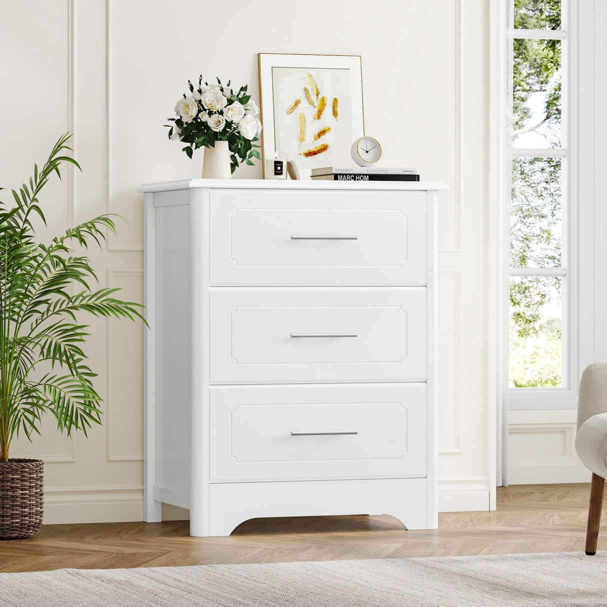 Wide Modern White Dresser, Tall Nightstand