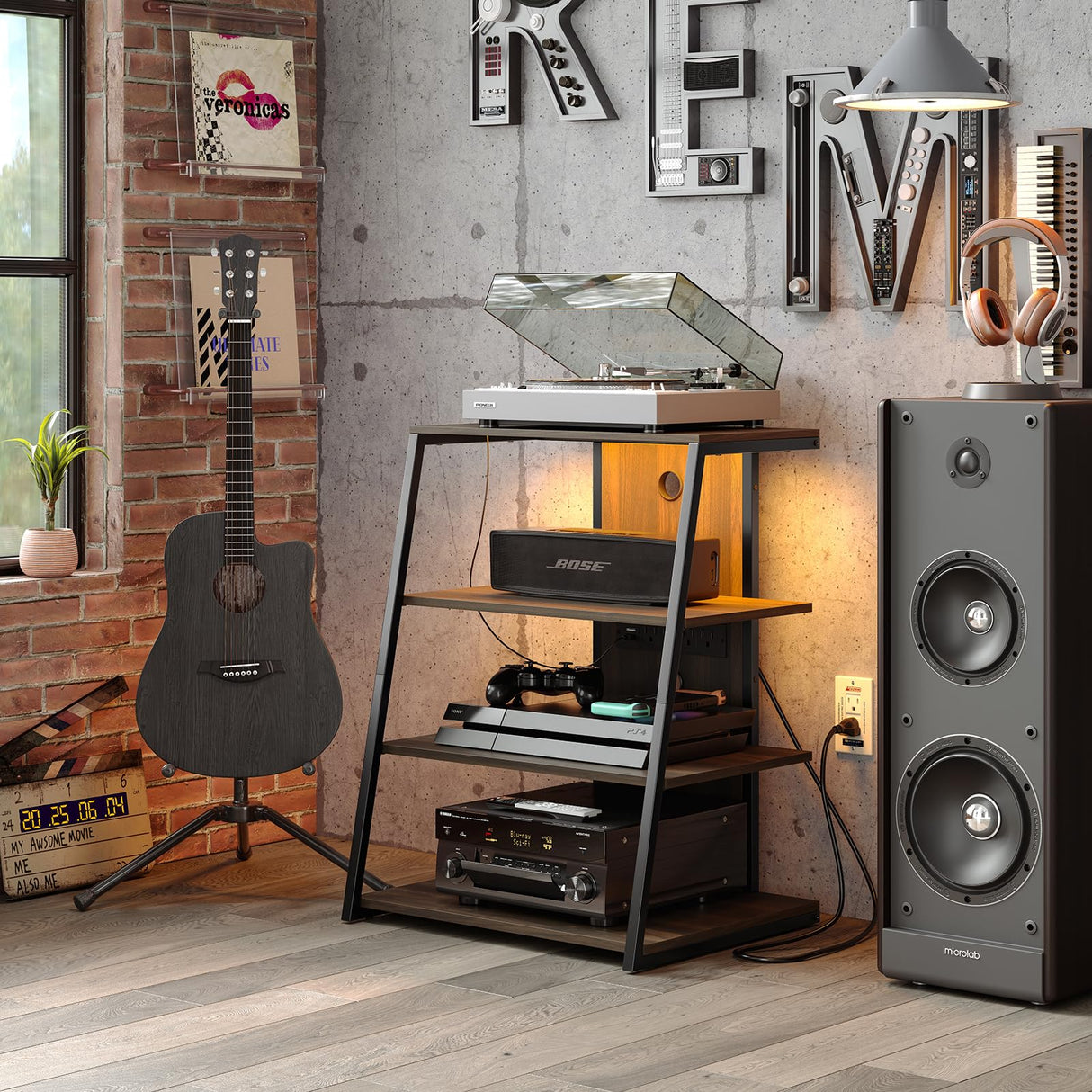 4-Tier AV Media Stand with Charge Station, Corner TV Stand with LED Lights