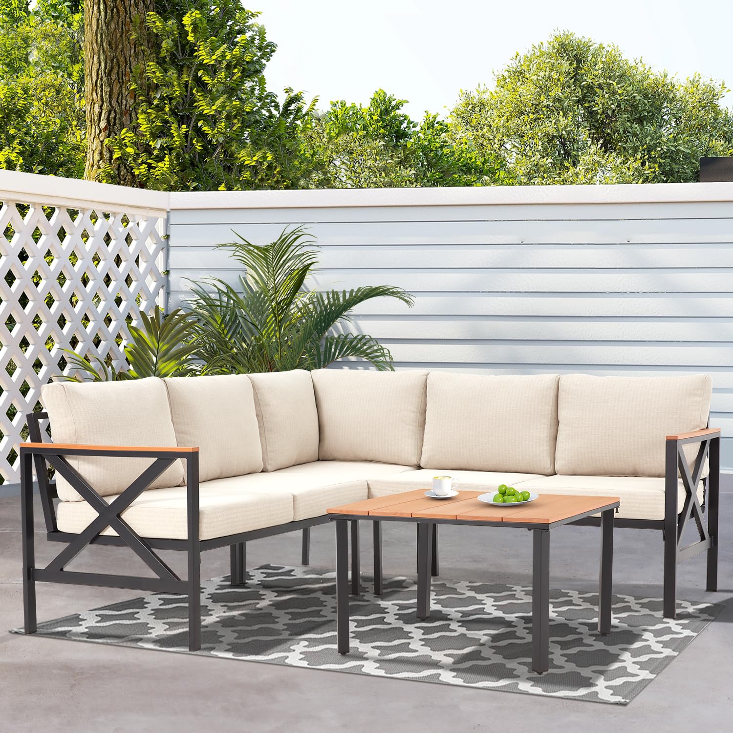 6 Pieces Patio Furniture Sets, L-Shaped Patio Conversation Sets Metal Outdoor ,Sofas