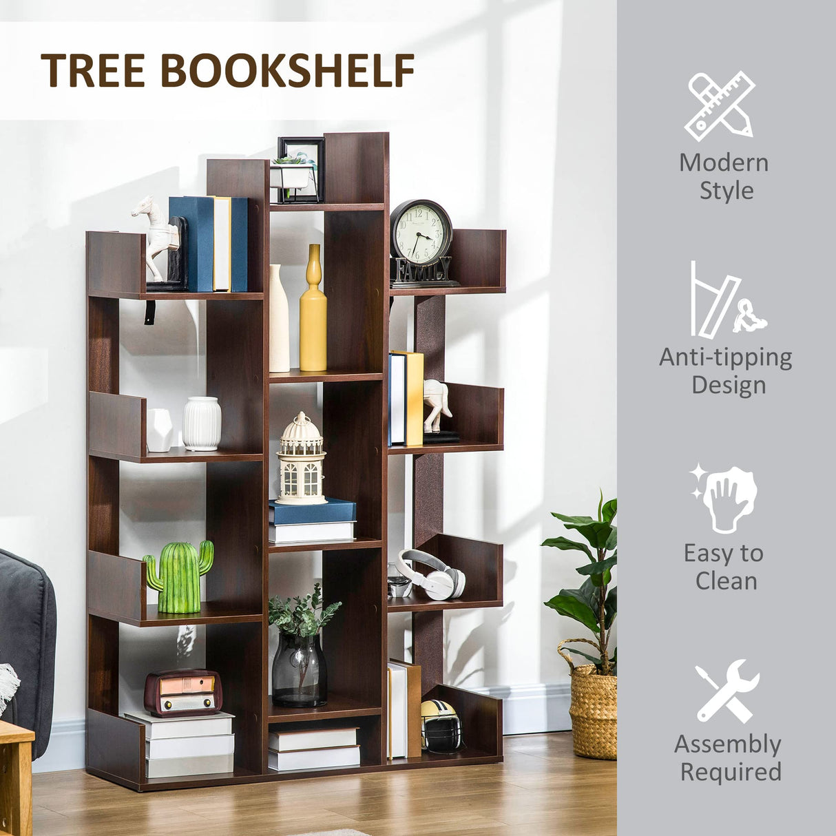 Tree Bookshelf, Modern Freestanding Bookcase with 13 Open Shelves, Display Unit for Living Room, Study or Office, Brown