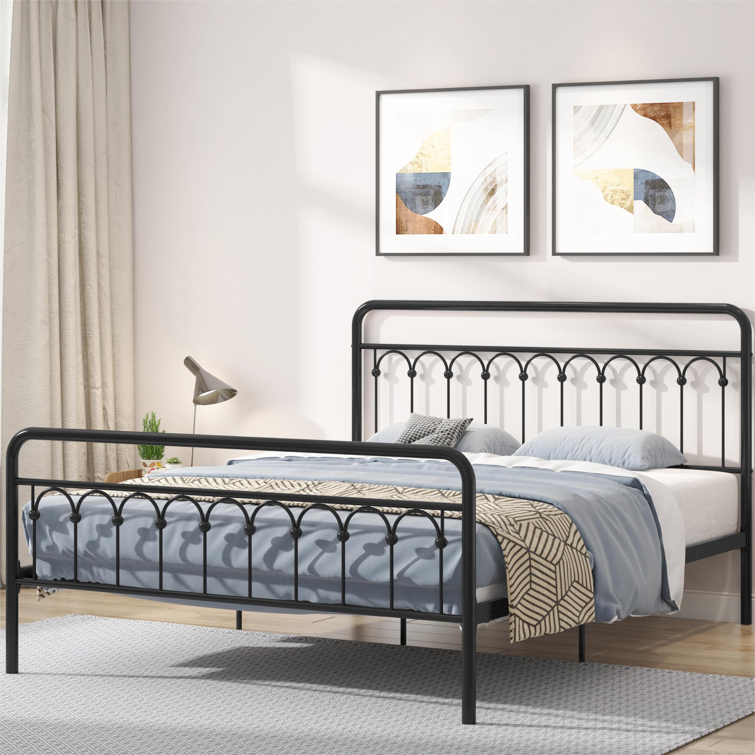 Vintage Queen Metal Bed Frame with Headboard and Footboard Platform