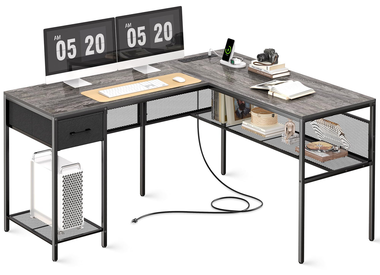 L Shaped Desk with Power Outlets, Computer Desk with Drawer, Reversible Corner Desk wi