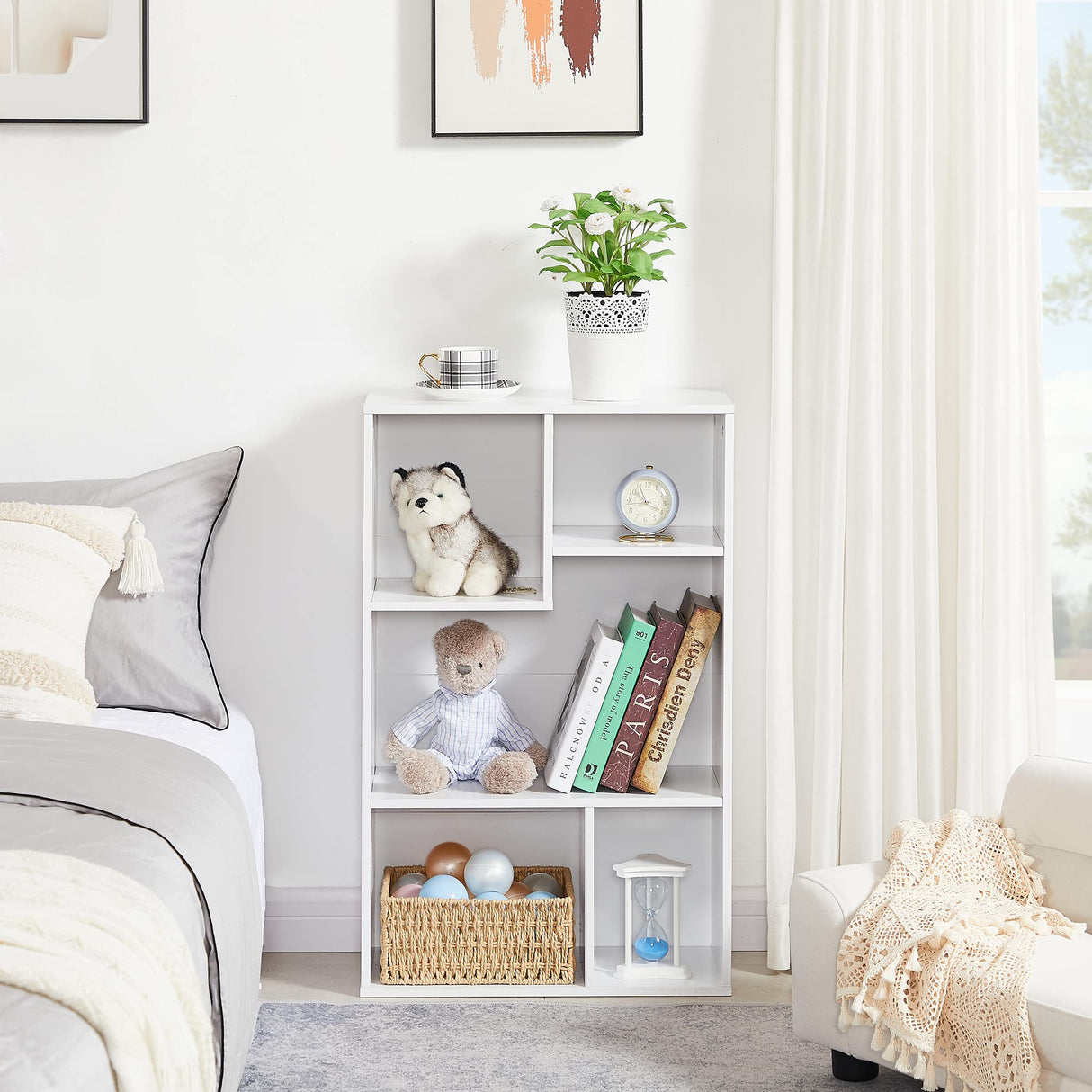 Small White Bookshelf, 5 Cube Shelf, Fits Tallest Hardcovers, Horizontal Available, Storage Organzier for Home Office, Pearl White