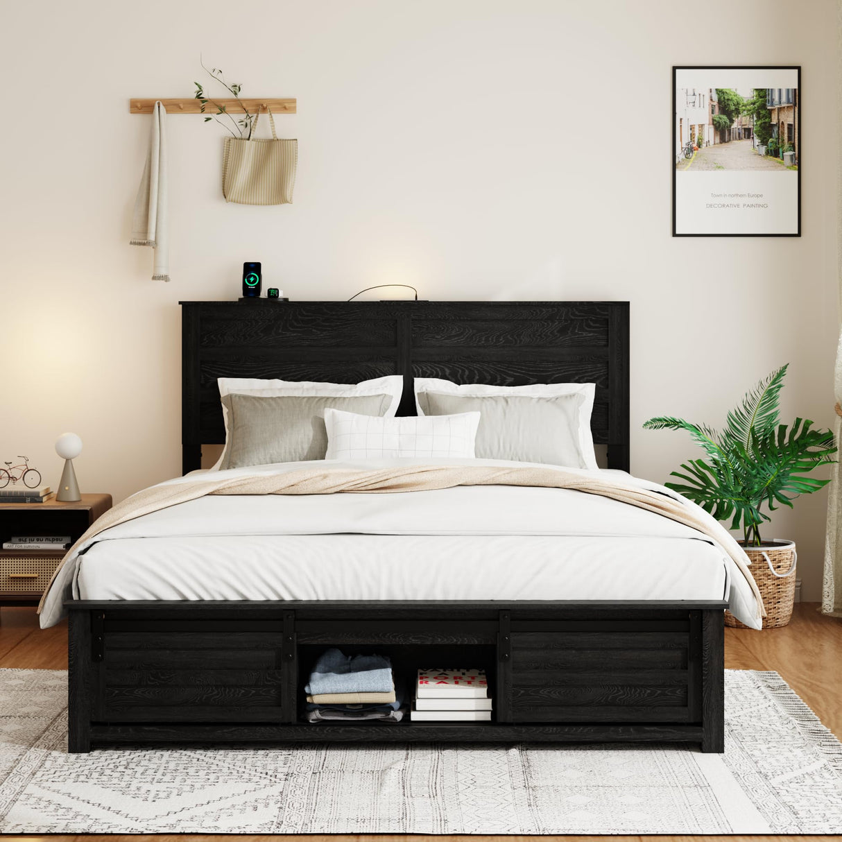 Full Size Wooden Bed Frame with Headboard and Storage