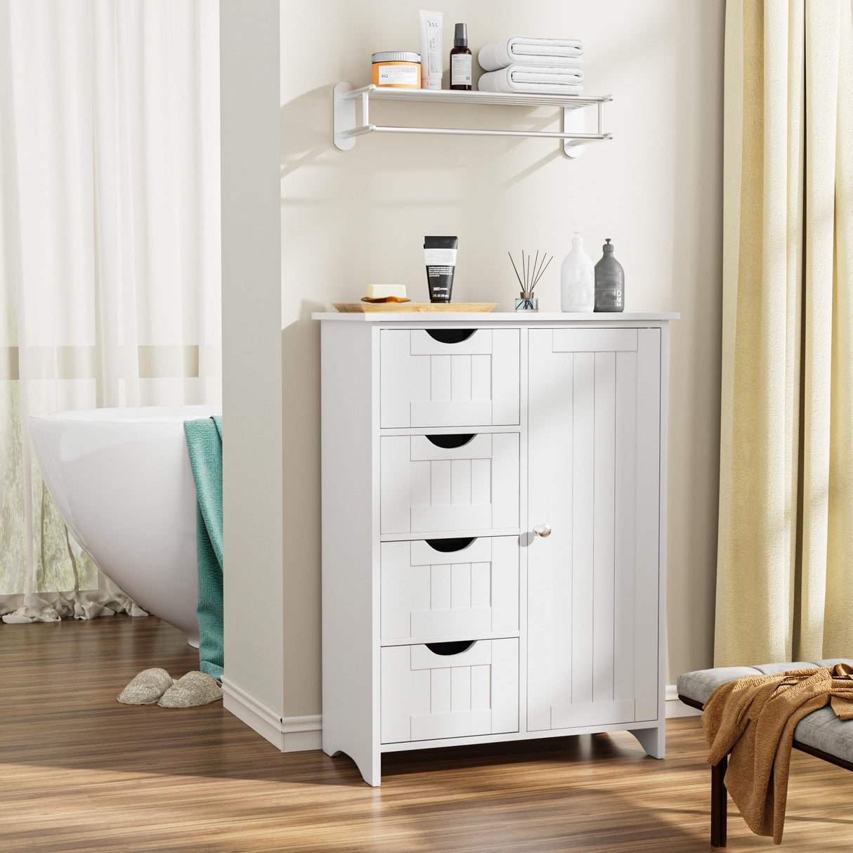 Bathroom Storage Cabinet, Floor Cabinet with 4 Drawers and 1 Adjustable Shelf