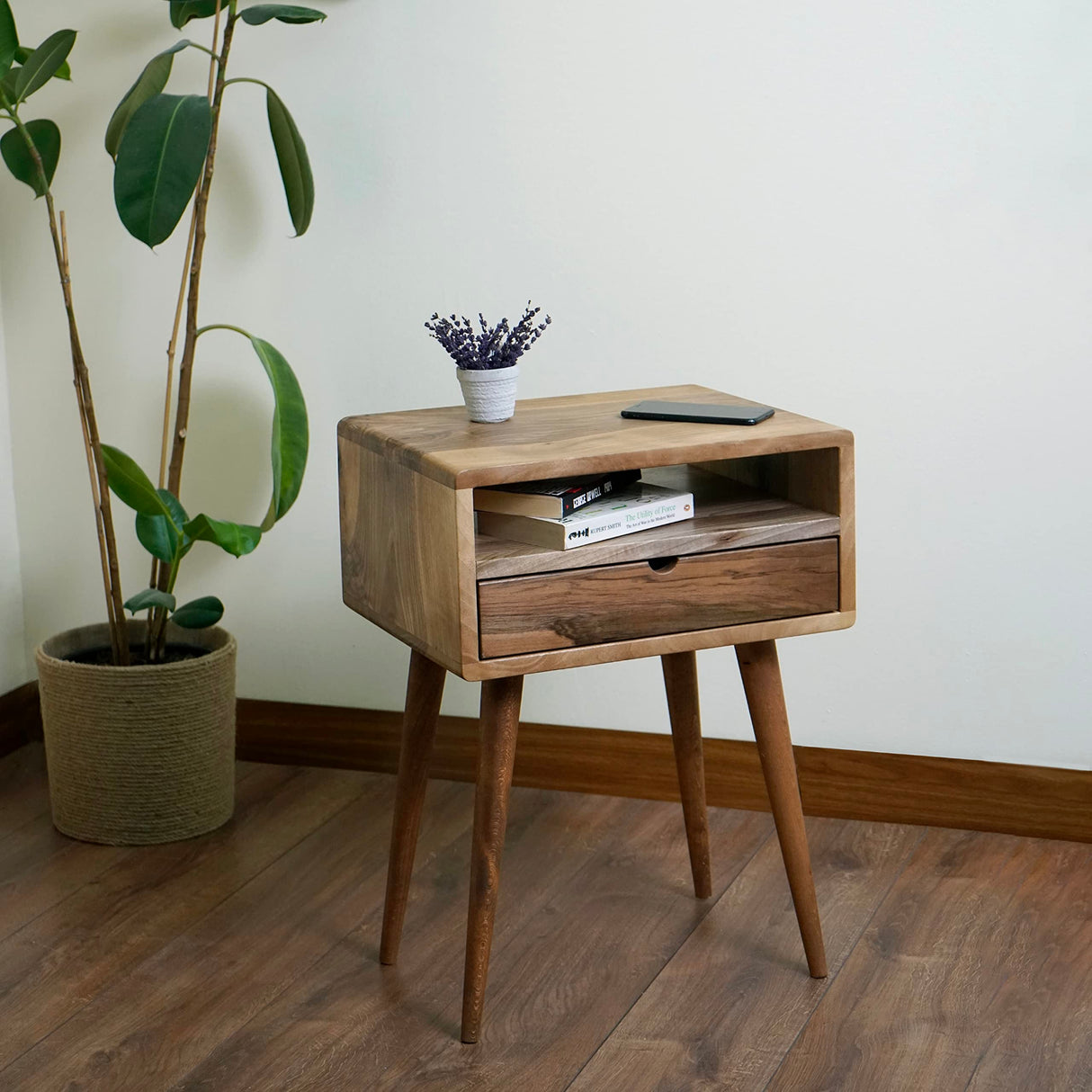 Mid Century Nightstand with Drawer Solid Walnut Bedside Table with Shelf Nightstand