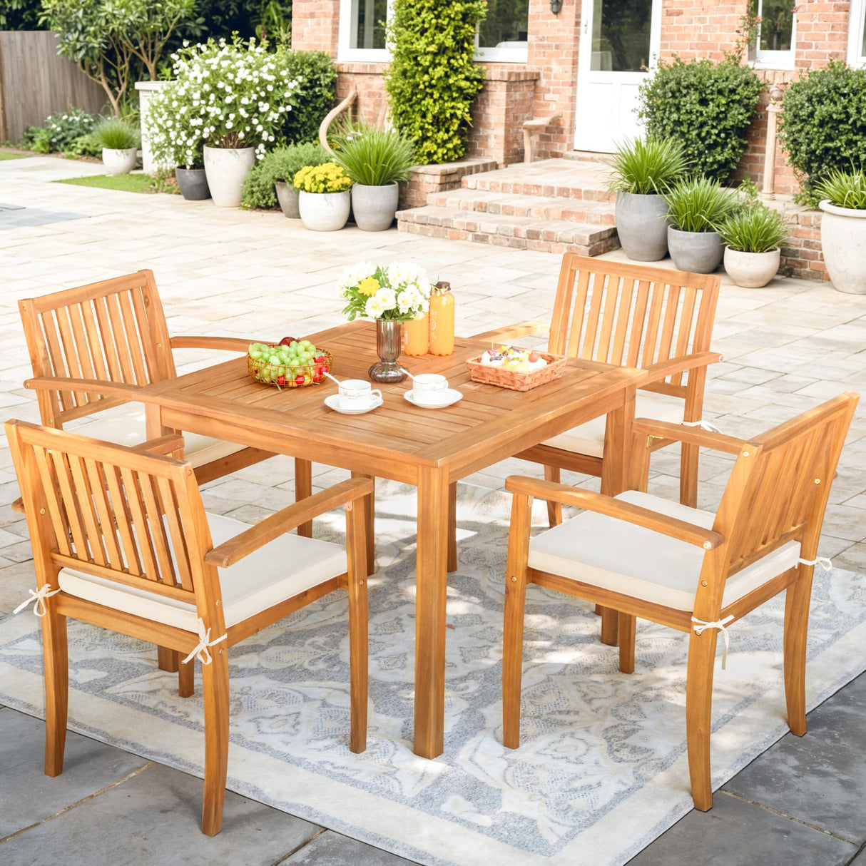 5 Piece Patio Dining Set Outdoor Solid Wood Furniture for Yard, Garden