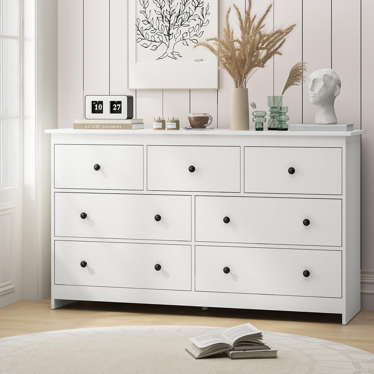 7 Drawer Dresser for Bedroom, 55 Inch White Wooden Large Dresser