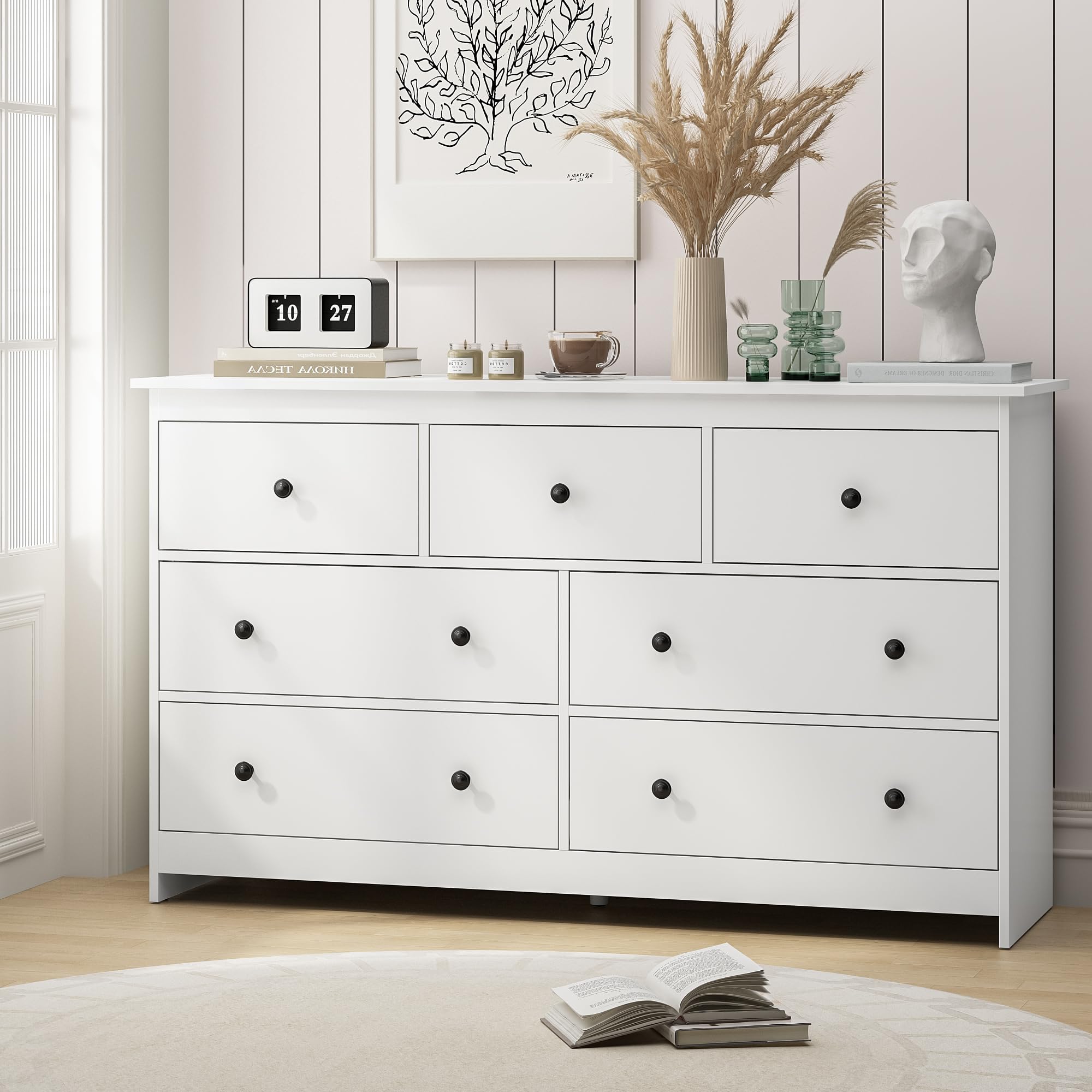 7 Drawer Dresser for Bedroom, 55 Inch White Wooden Large Dresser