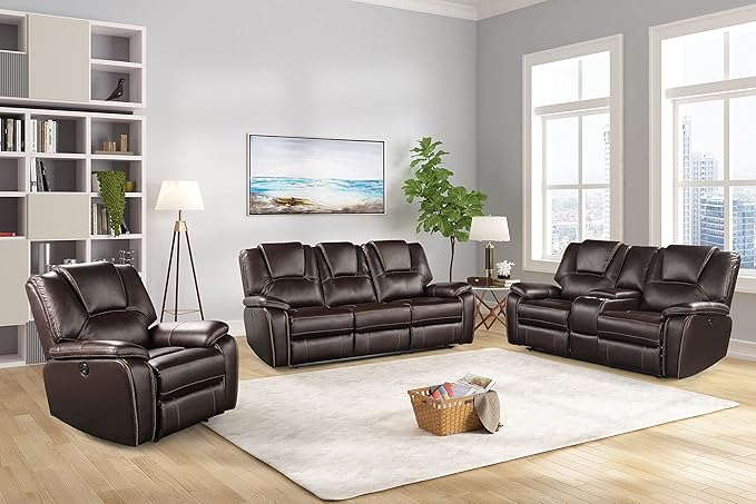 Manual Leather Recliner Sofa Set 3-Piece Elegant Couch for Living Room Furniture