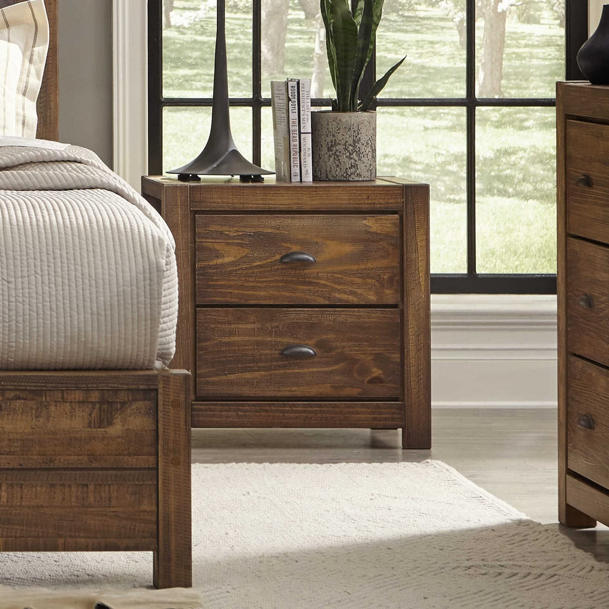 Montauk 2-Drawer Bedside Nightstand, Solid Wood with Rustic Walnut Finish