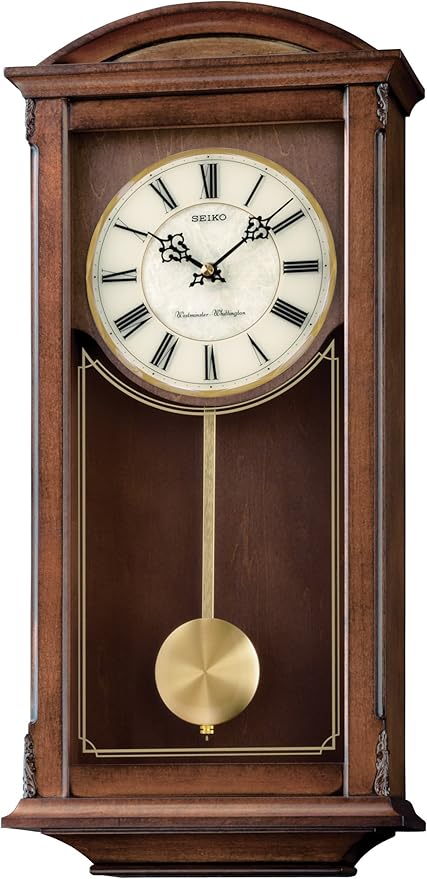 Arched Wall Clock with Pendulum and Dual Chimes, brown, 21 x 10 x 4 Inch