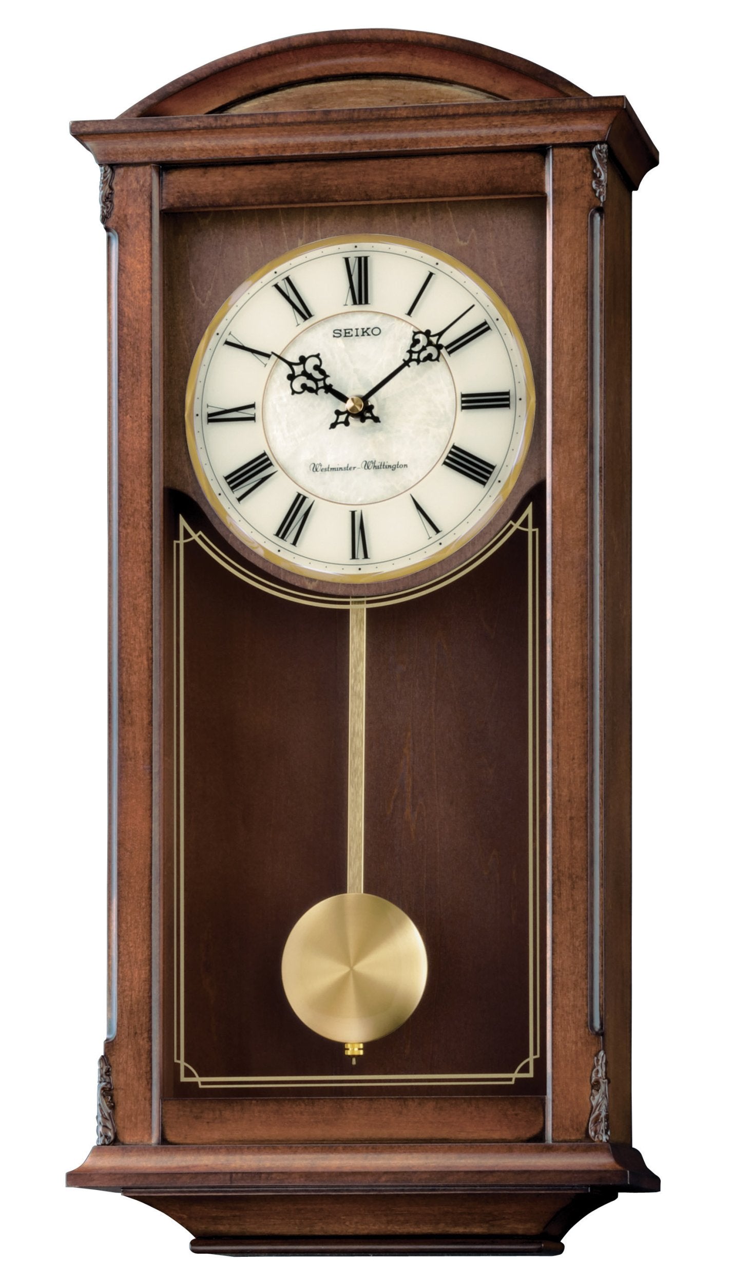 Arched Wall Clock with Pendulum and Dual Chimes, brown, 21 x 10 x 4 Inch
