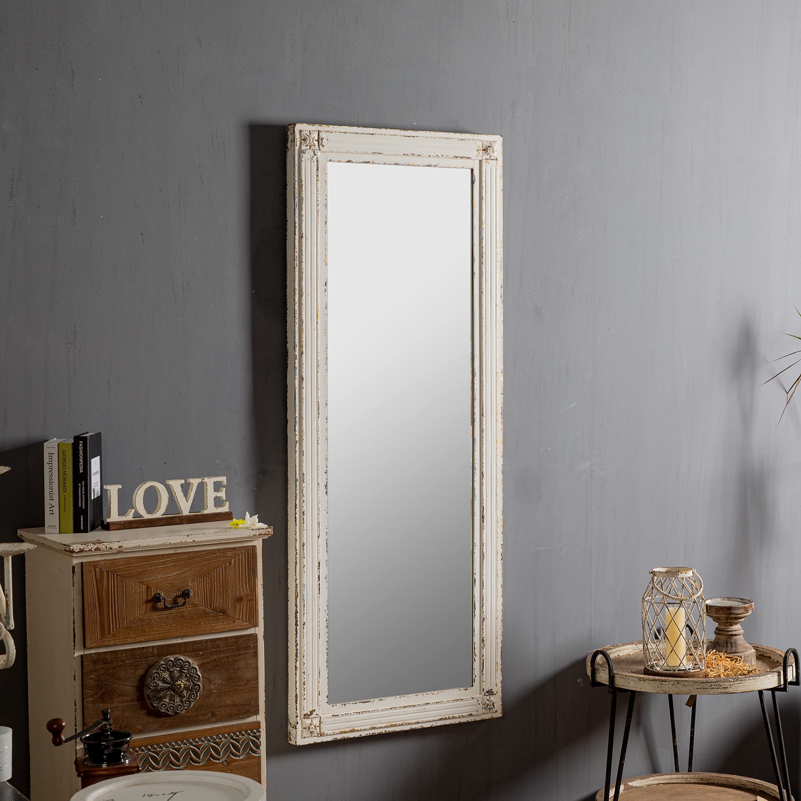 Rustic Full Length Mirror with Stand 60" x 24", Hanging White Farmhouse Big Mirror Full Body