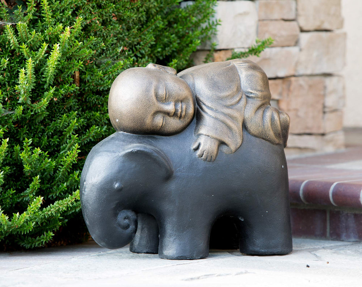 Shaolin Monk on Elephant Buddha Zen Garden Statues Good Luck Elephant - Rustic Gold