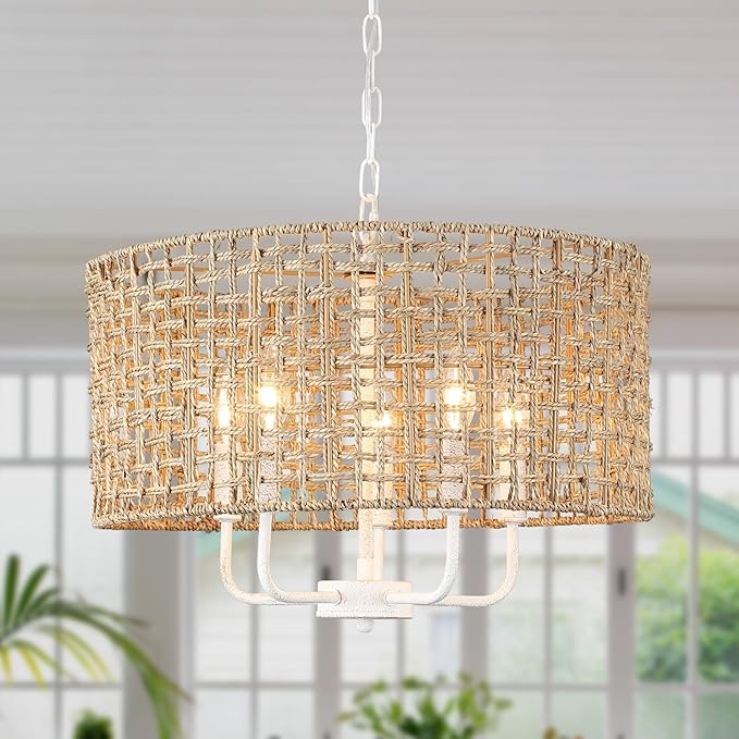 Rattan Chandelier for Dining Room 5-Light Boho Chandeliers Light Fixture Brown and Black