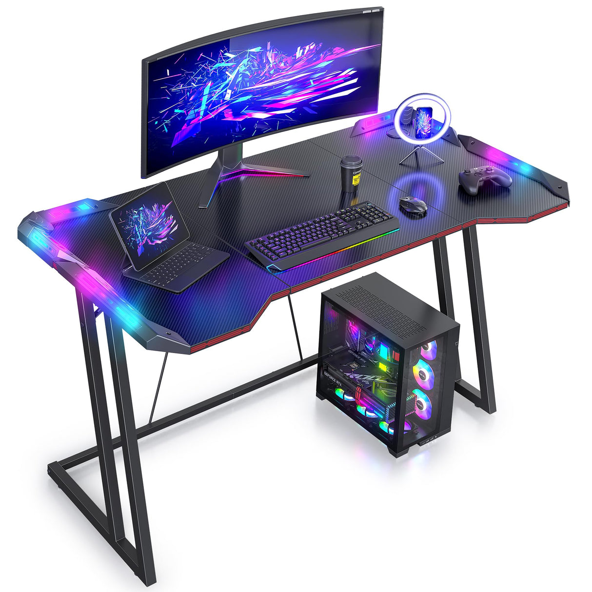 47 inch Gaming Desk with LED Lights for Home Office, Black