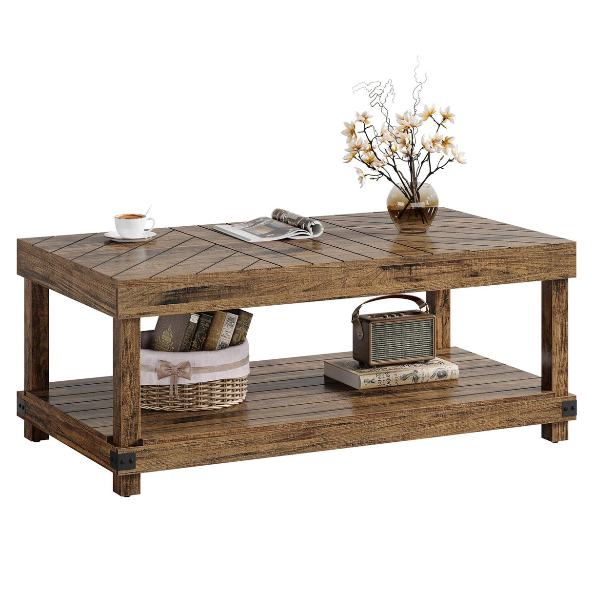 Tribesigns Farmhouse Coffee Table, 47-Inch Wood Center Table with Storage Shelf, 2-Tier Rectangle Cocktail Tea Table with Sturdy Frame for Living Room, Rustic Brown