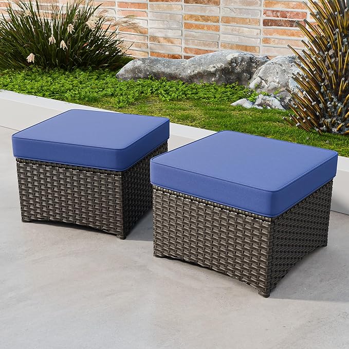 Stone Harbor Outdoor Wicker Ottomans, Small Patio Ottoman Set of 2, Square Rattan
