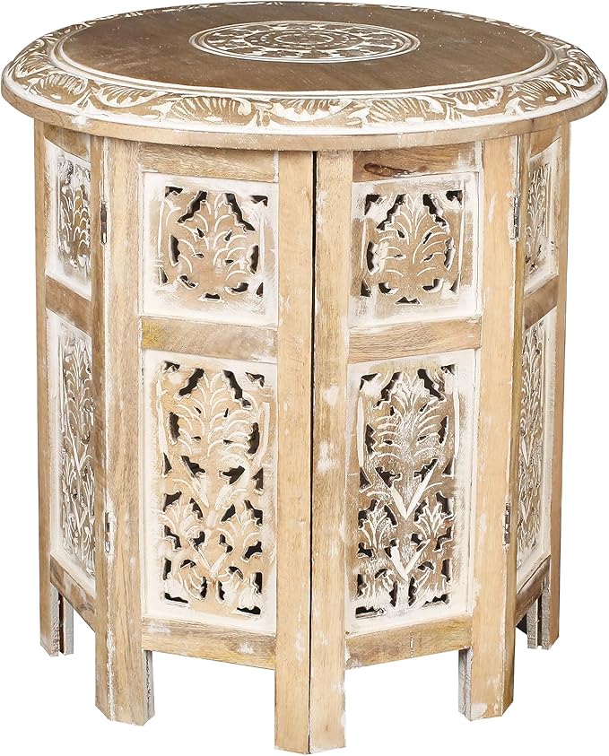 Hand-Carved Wooden Pillar Table - Small Side End Table, Elegant Entry & Living Room