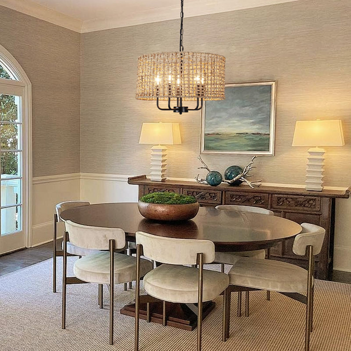 Rattan Chandelier for Dining Room 5-Light Boho Chandeliers Light Fixture Brown and Black