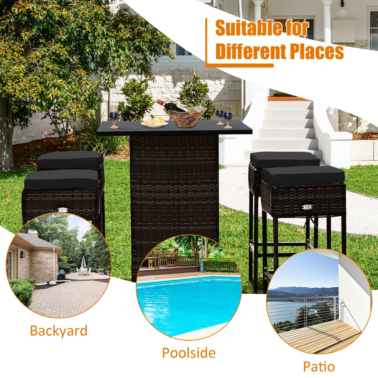 HAPPYGRILL 5 Pieces Rattan Bar Set, Outdoor Wicker Bar Table and 4 Bar Stools, Heavy-Duty Steel Frame, Patio Bar Furniture Set with Cushions, Black