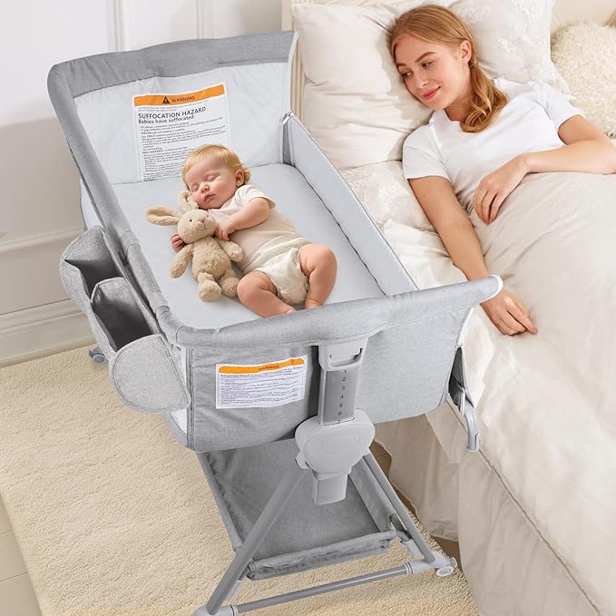 Bassinet, Bedside Sleeper for Baby, 7 Height Adjustable Bedside Bassinet with Wheels