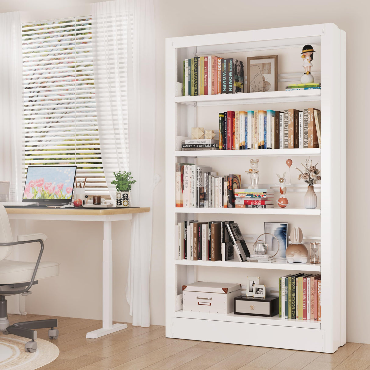 IYANEN 5 Tier Metal White Bookshelf, Heavy Duty Metal Bookcase Including Book Stopper, 71" Tall Bookcase with Adjustable Storage Shelves, Modern Bookshelf for Library, Office, School, Living Room