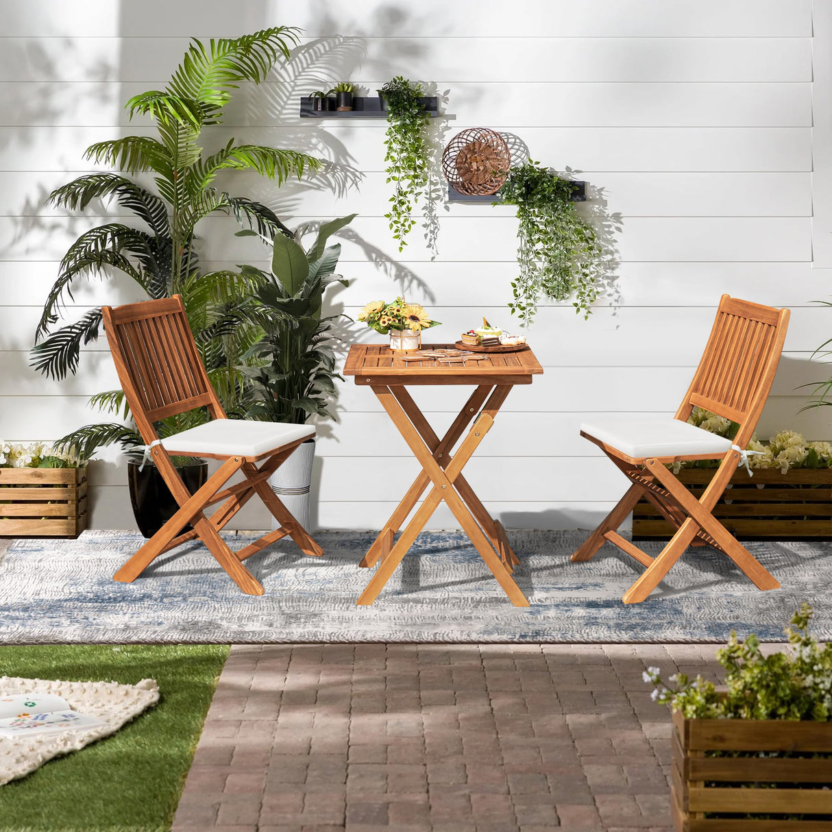 Outdoor 3 Piece Folding Patio Bistro Set Acacia Wood Bistro Table and Chairs Set of 2
