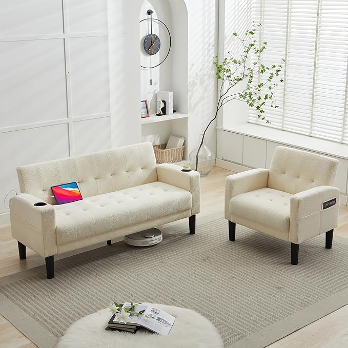 Sofa Couch 62" W Loveseat w/ 2 USB Charger Ports & 2 Cupholder