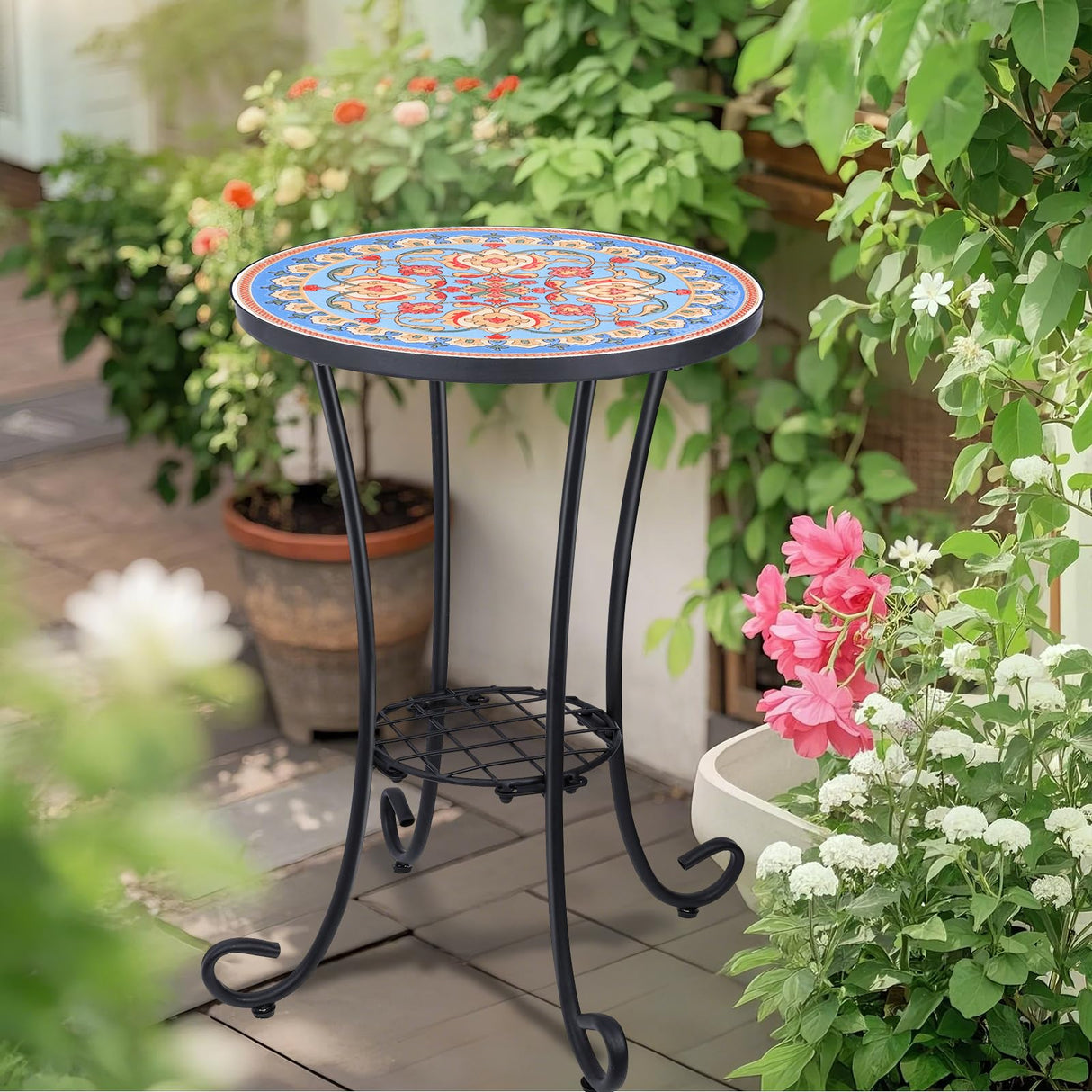 Mosaic Outdoor Side Table, Round Rustproof Patio Table