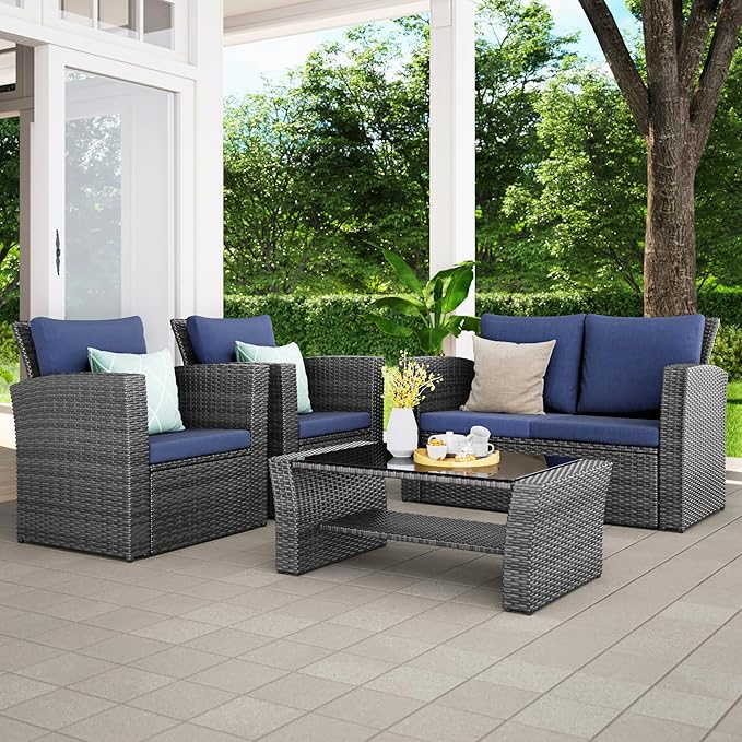 4 Piece Outdoor Patio Furniture Sets, Wicker Conversation Set for Porch Deck