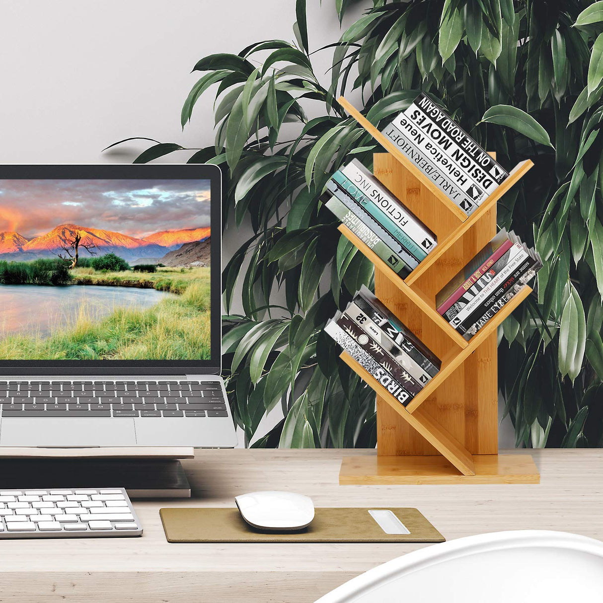 Oberhoffe Bamboo Book Rack,Tree Bookshelf,Desktop Organizer Office Storage Rack,4-Tier Bookcase,Free-Standing CDs Holder Organizer, Multifunction Display Rack for Books,Magazines,CDs and Photo