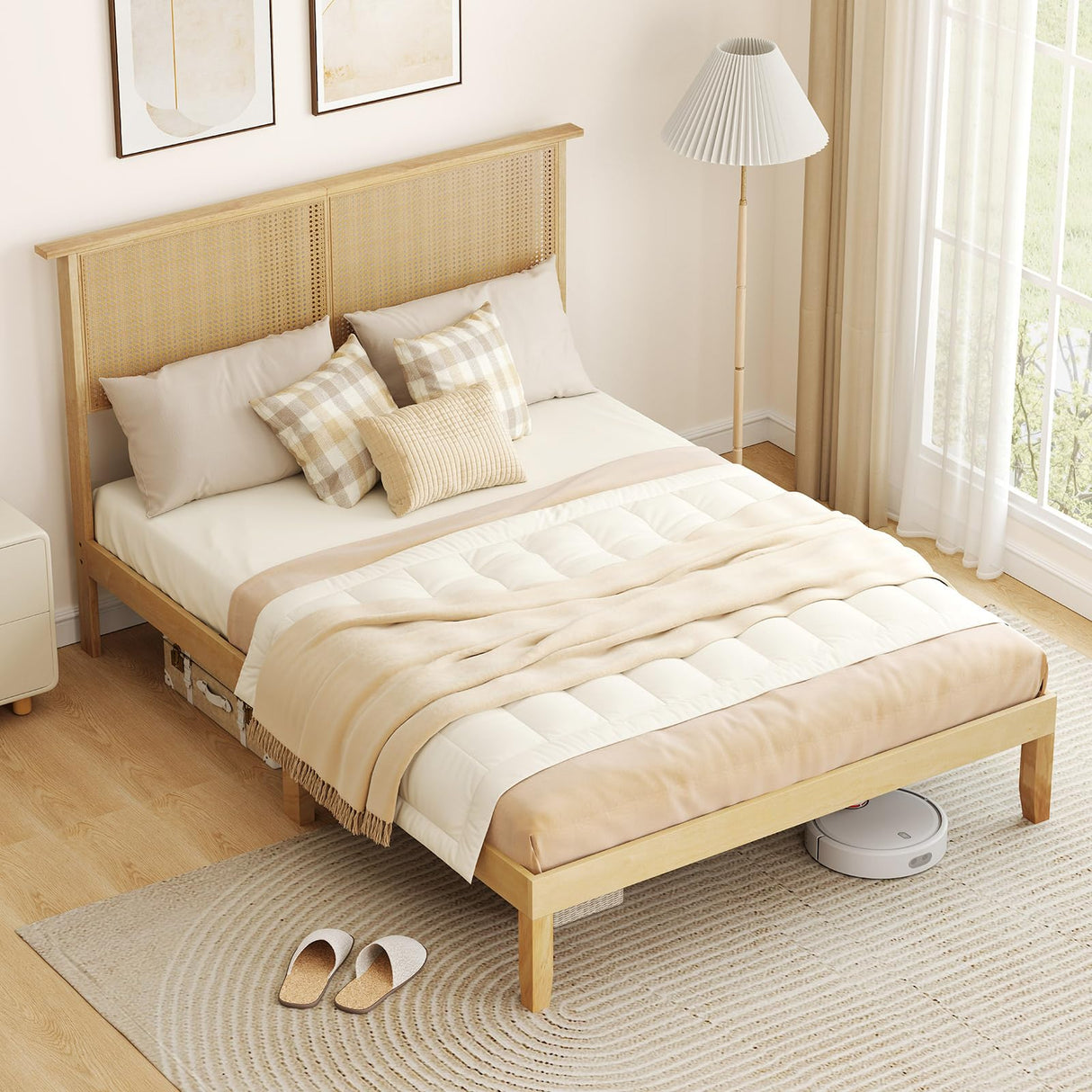 Full Size Wood Platform Bed Frame with Rattan Headboard