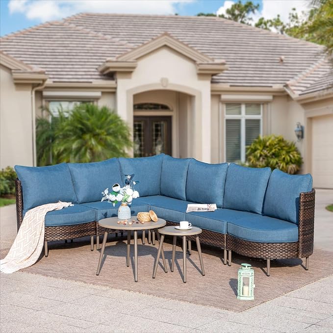 6 Piece Patio Furniture Set, L-Shaped Outdoor Sectional Wicker Patio Furniture