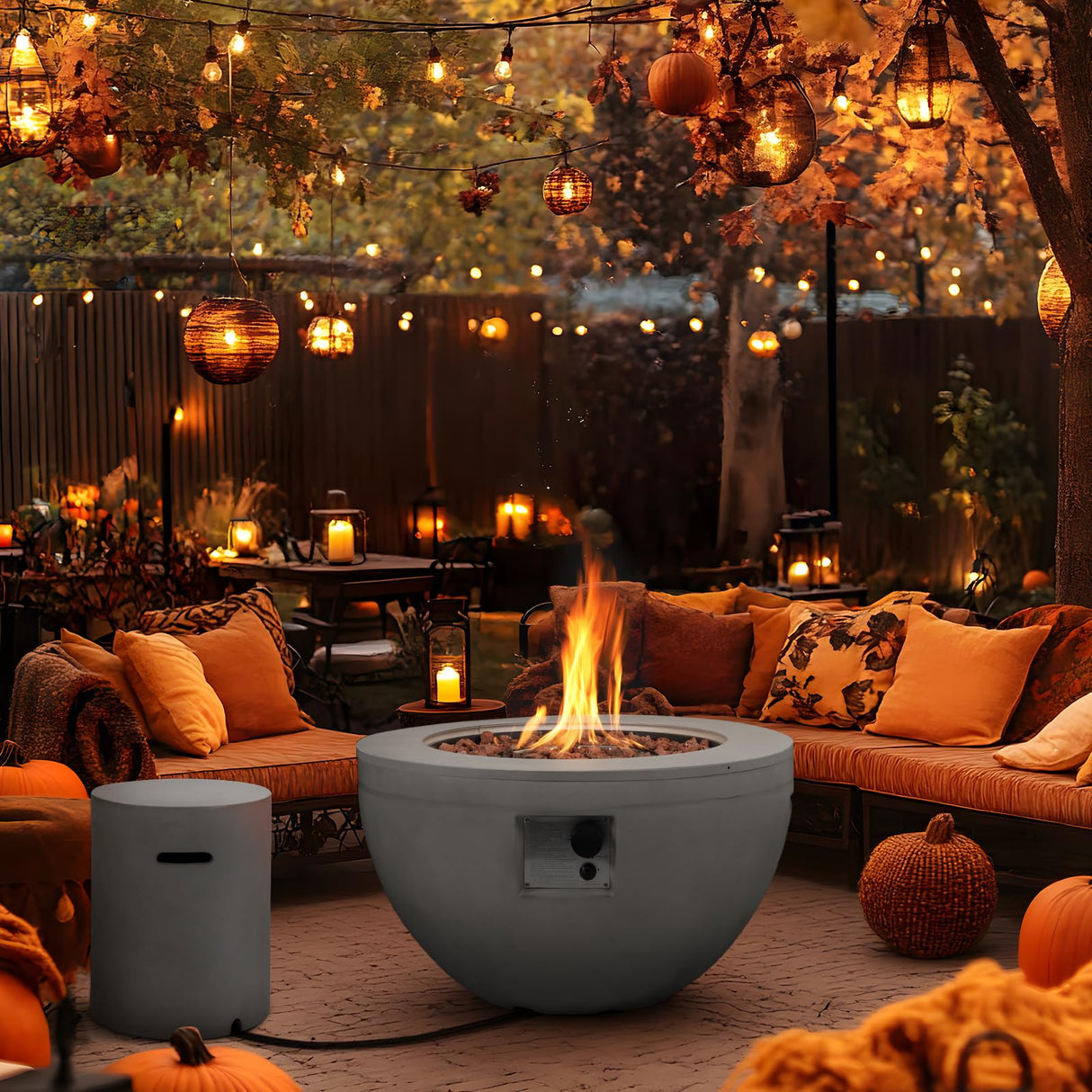 lovamsal Round Propane Fire Pit Table,30 Inch Outdoor Fire Pit Table Set w Tank Cover,2 - Piece 40,000 BTU Modern Gas Fireplace for Patio w Lava Rocks/Rain Cover, for Backyard & Deck - Bircata