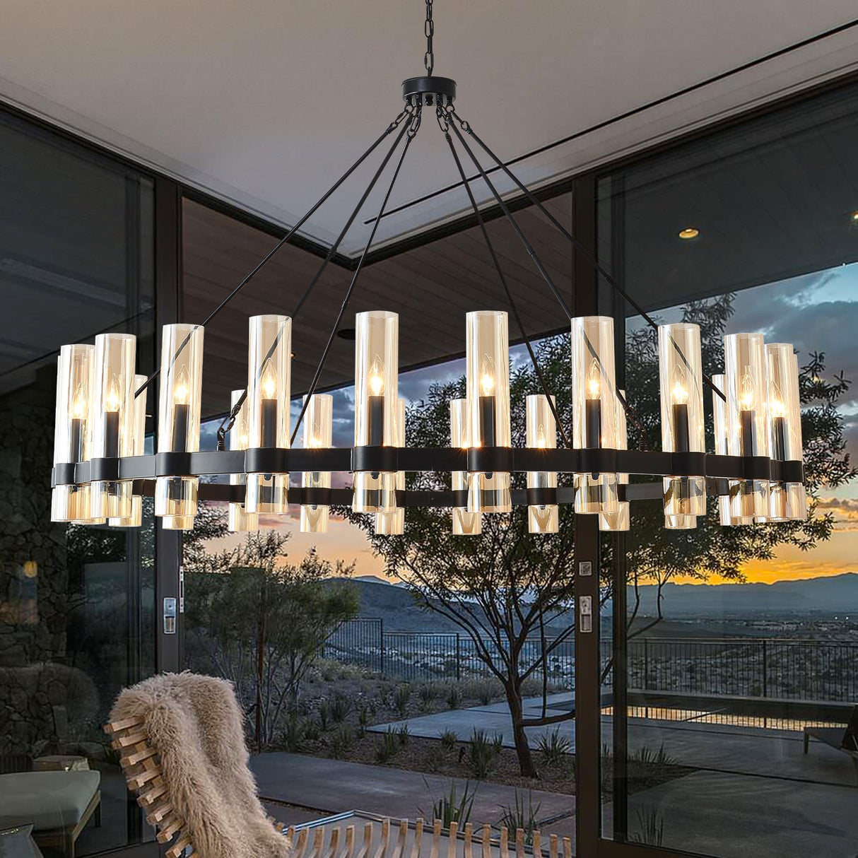 60 Inch Black Wagon Wheel Chandelier, 24 Lights, with Brown Glass Shade