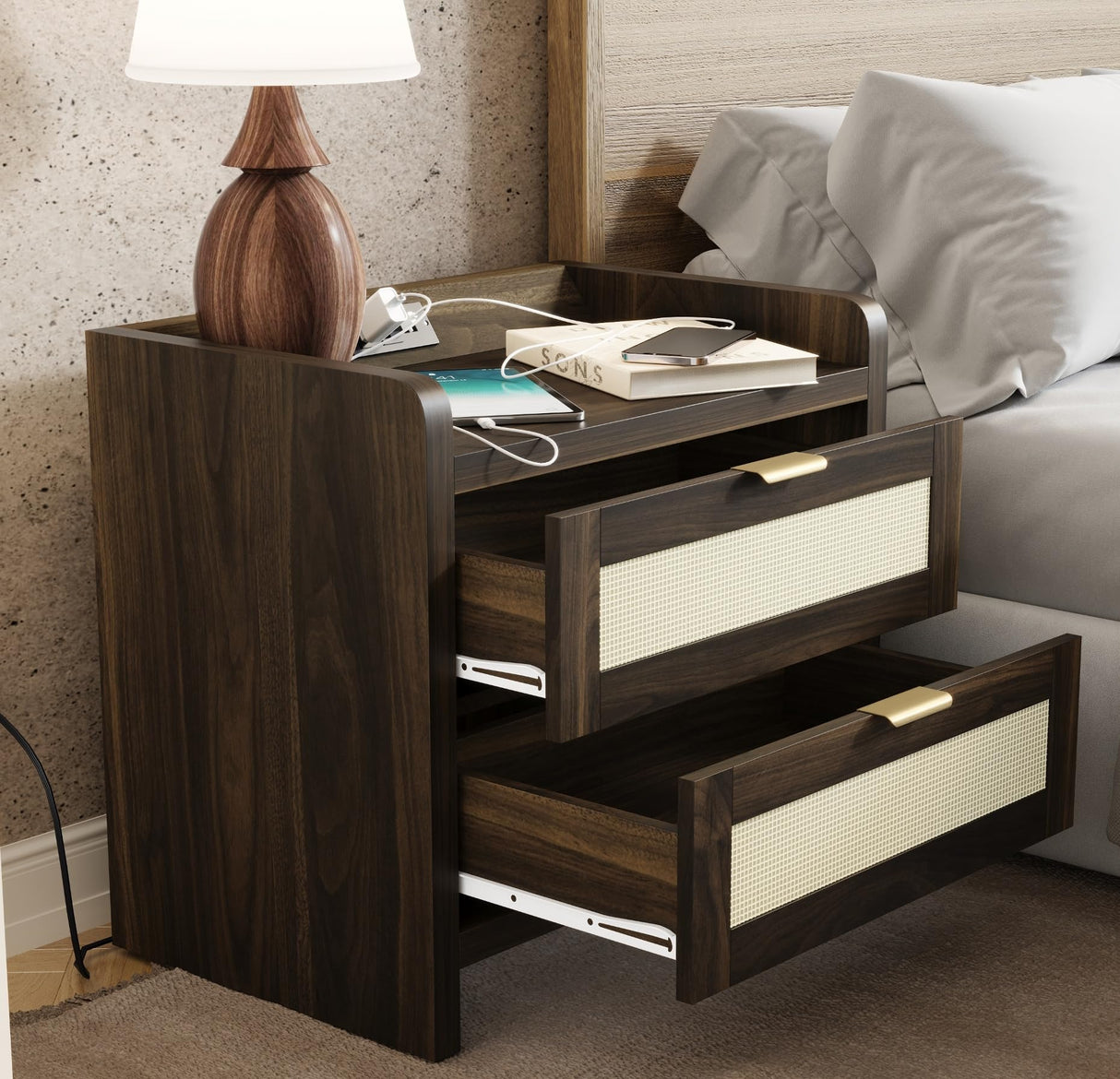 Night Stand Set of 2 - Rattan Nightstands with Built-in Charging Port, 2 Woven Drawers