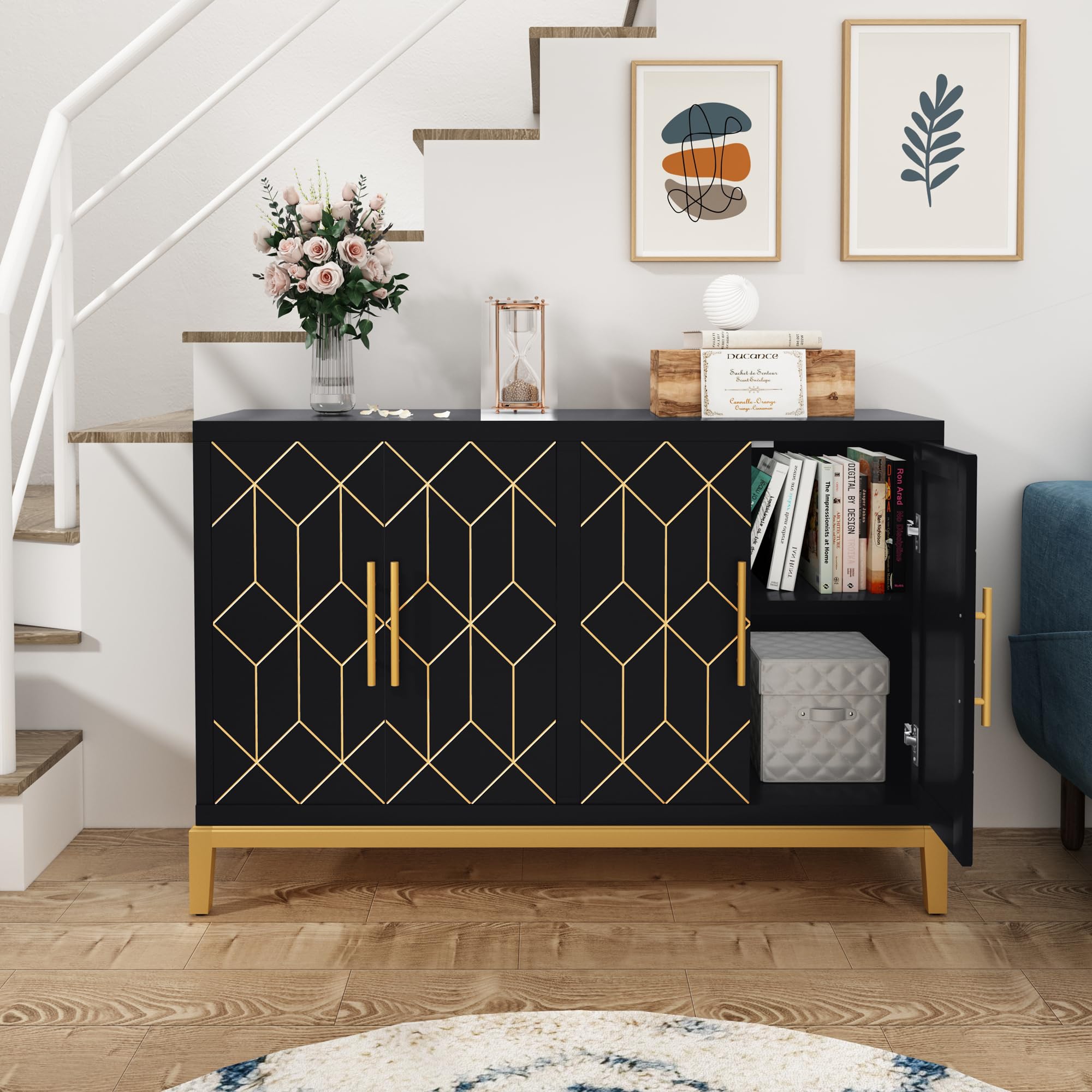Sideboard Buffet Cabinet with 4 Doors&Shelves, Carved Decorative Accent Storage