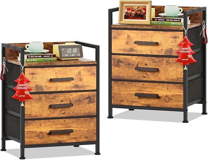 Set of 2 Side Table with Fabric Drawers, End Table