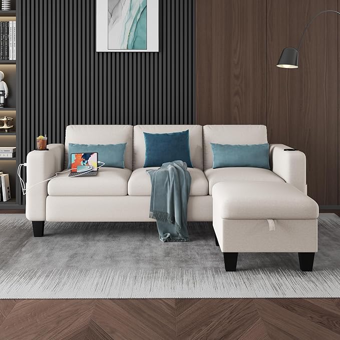 Convertible L-Shape Linen Sofa with USB, Cup Holders & Storage