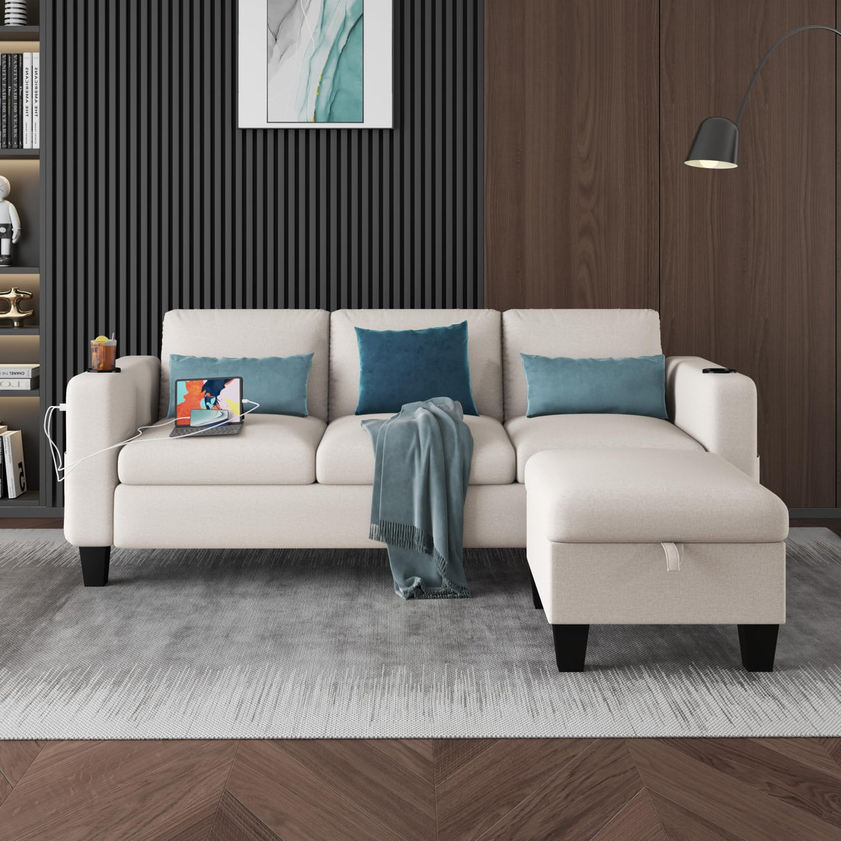 Convertible L-Shape Linen Sofa with USB, Cup Holders & Storage