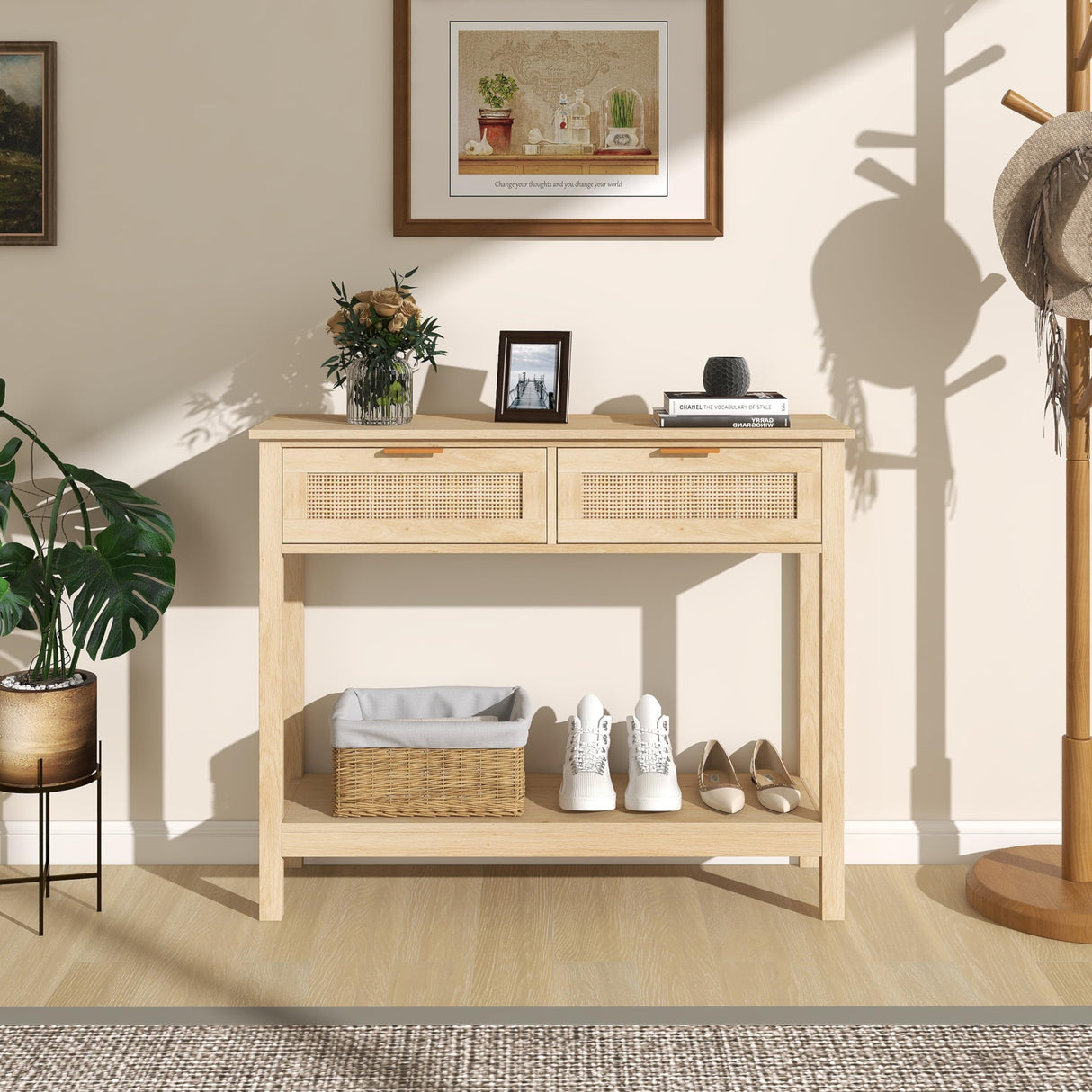 Farmhouse Rattan Console Table with 2 Drawers 2 Tier Boho Narrow Long Sofa Table