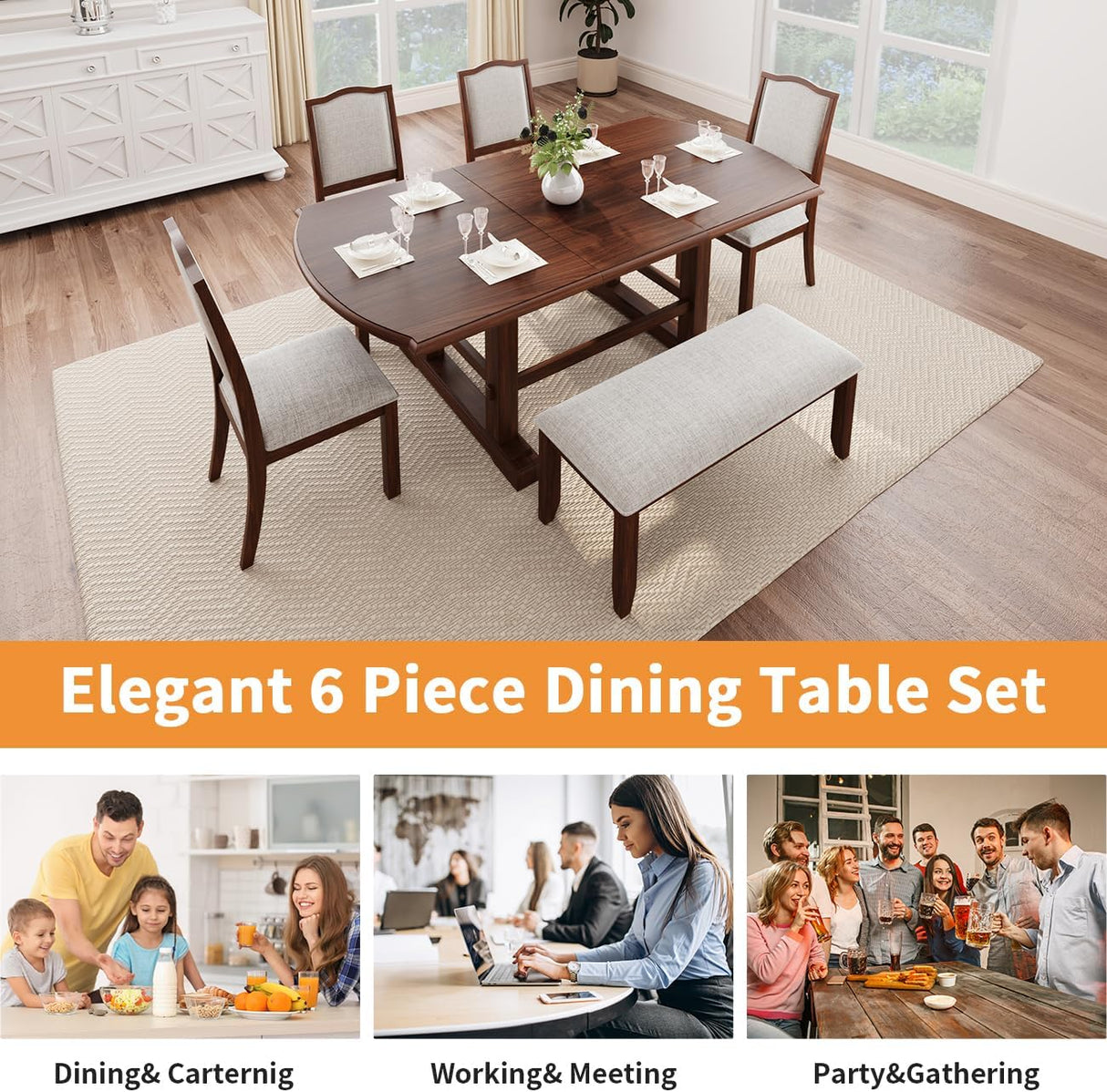 Harper & Bright Designs 6-Piece Dining Table Set for 6, 78inch Extendable Wood Rectangular Dining Table with Removable Leaf, Kitchen Table Set with 4 Upholstered Side Chair and Bench,Cherry