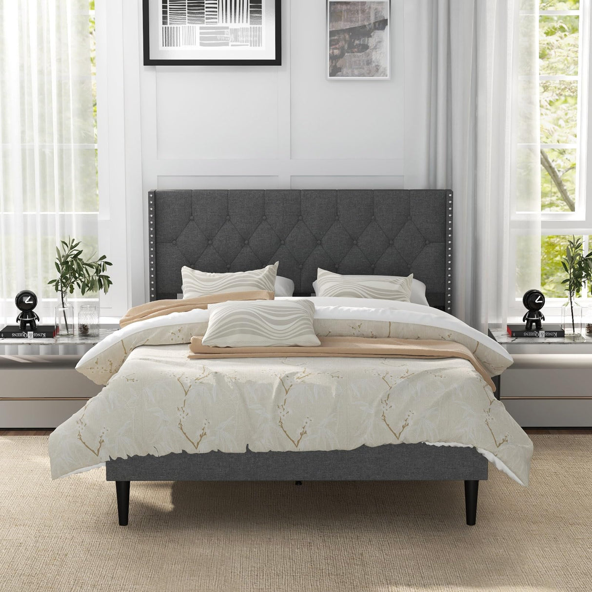 Full Size Upholstered Platform Bed Frame with Tufted Headboard