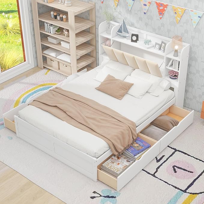 Queen Size Bed Frame Wooden Platform Bed with Storage Upholstered Headboard