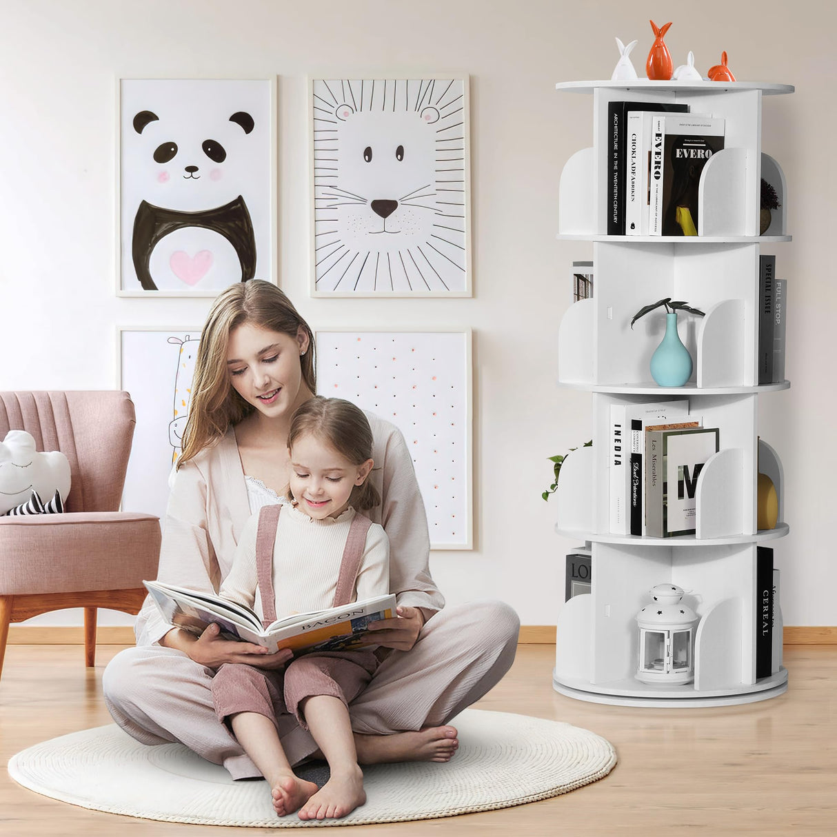 Rotating Bookshelf Tower, 4 Tiers 360 Spinning Bookshelf Revolving Bookcase