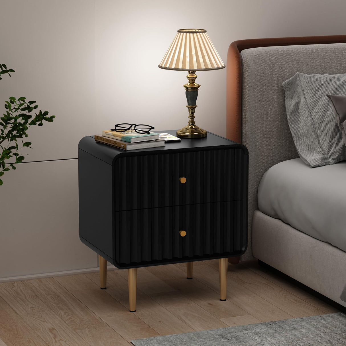 Modern Nightstand Set of 2, Fluted Bed Side Table with 2 Drawers Storage